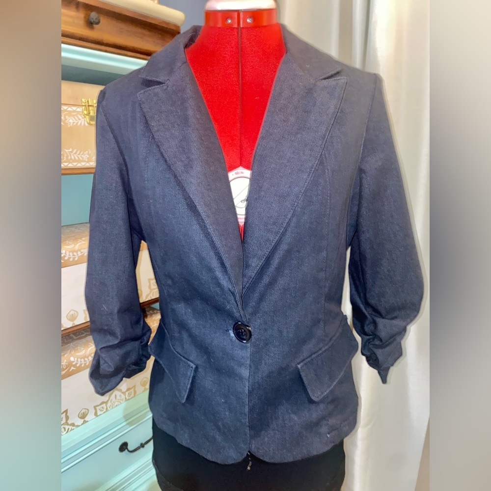 XS denim-look stretchy blazer NWOT